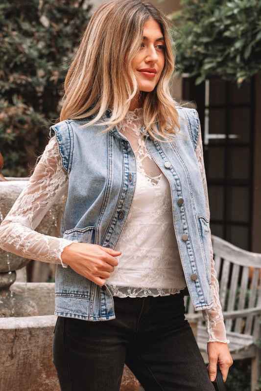 Denim Button-Front Scallop Trim Patch Pocket Vest