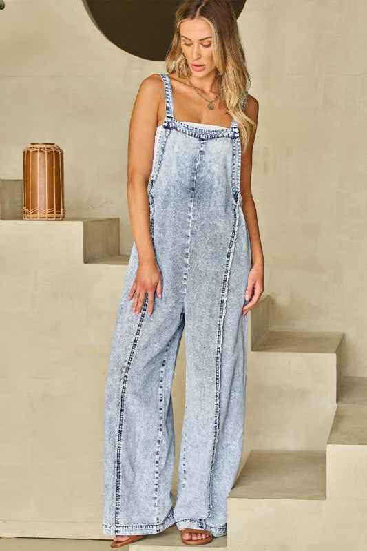 Frayed Exposed Seam Wide Leg Denim Overall