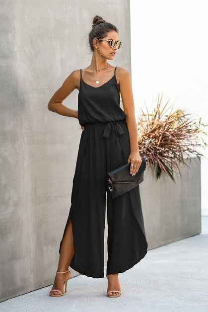 V Neck Suspenders Wide Leg Side Slit Jumpsuit