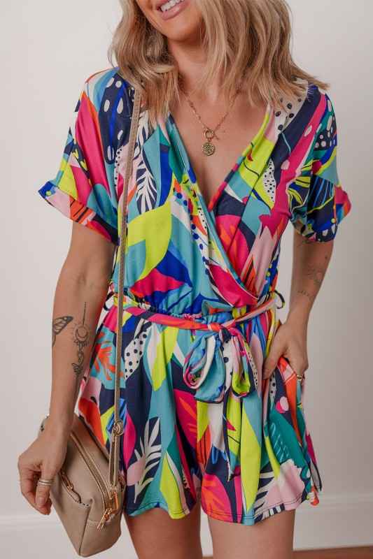 Abstract Tropical Wrap V-Neck Tie-Waist Romper