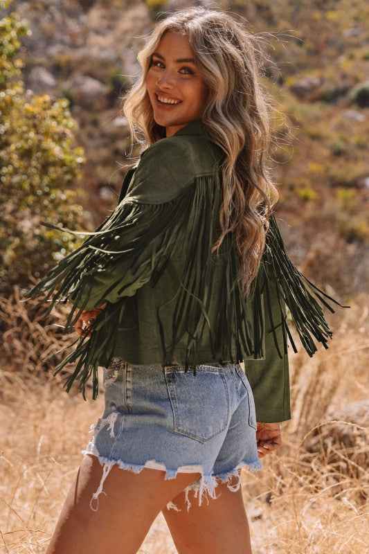 Western Faux Suede Fringe Cropped Jacket