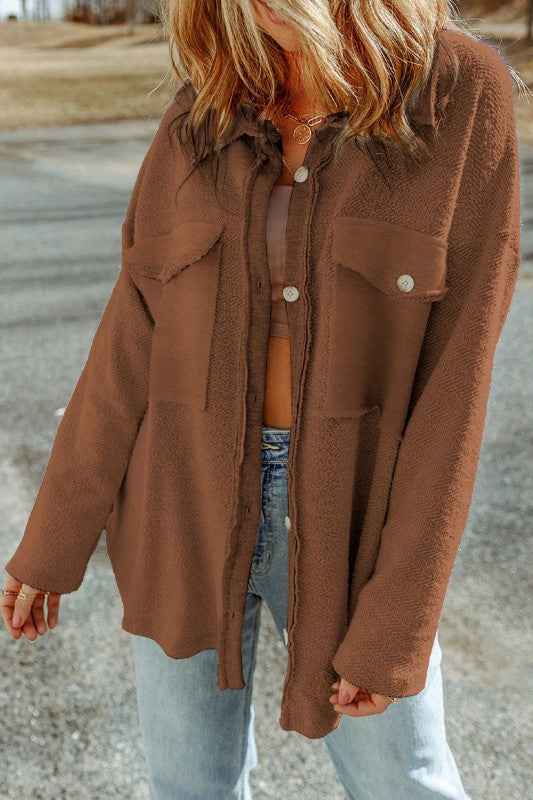 Solid Reverse Seam Button-Front Terry Shacket