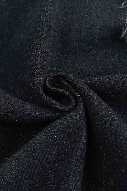 Denim Lapel Distressed Raw Hem Buttoned Jacket