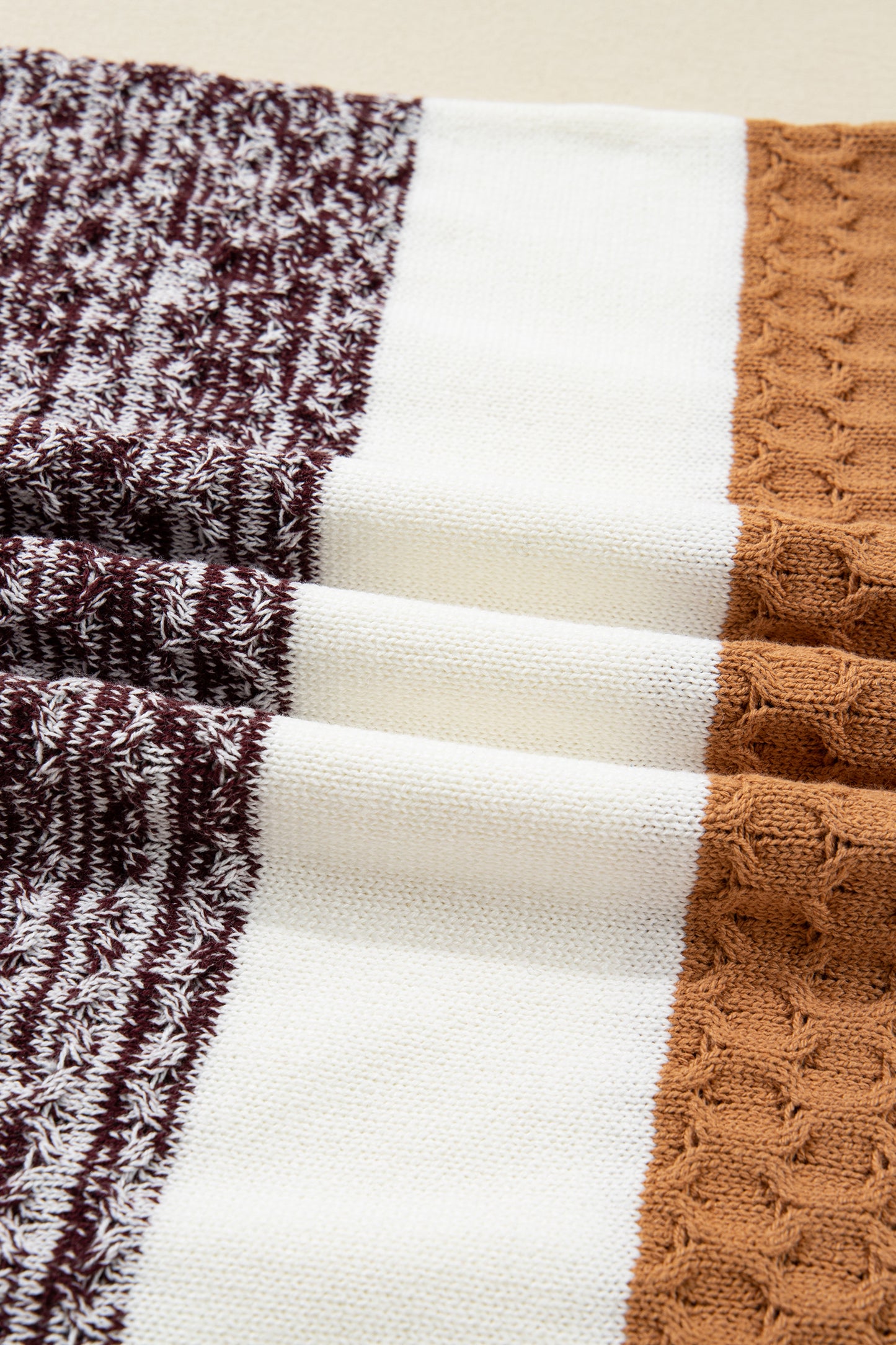 Brown Mixed Texture Knit Striped Color Block Loose Sweater