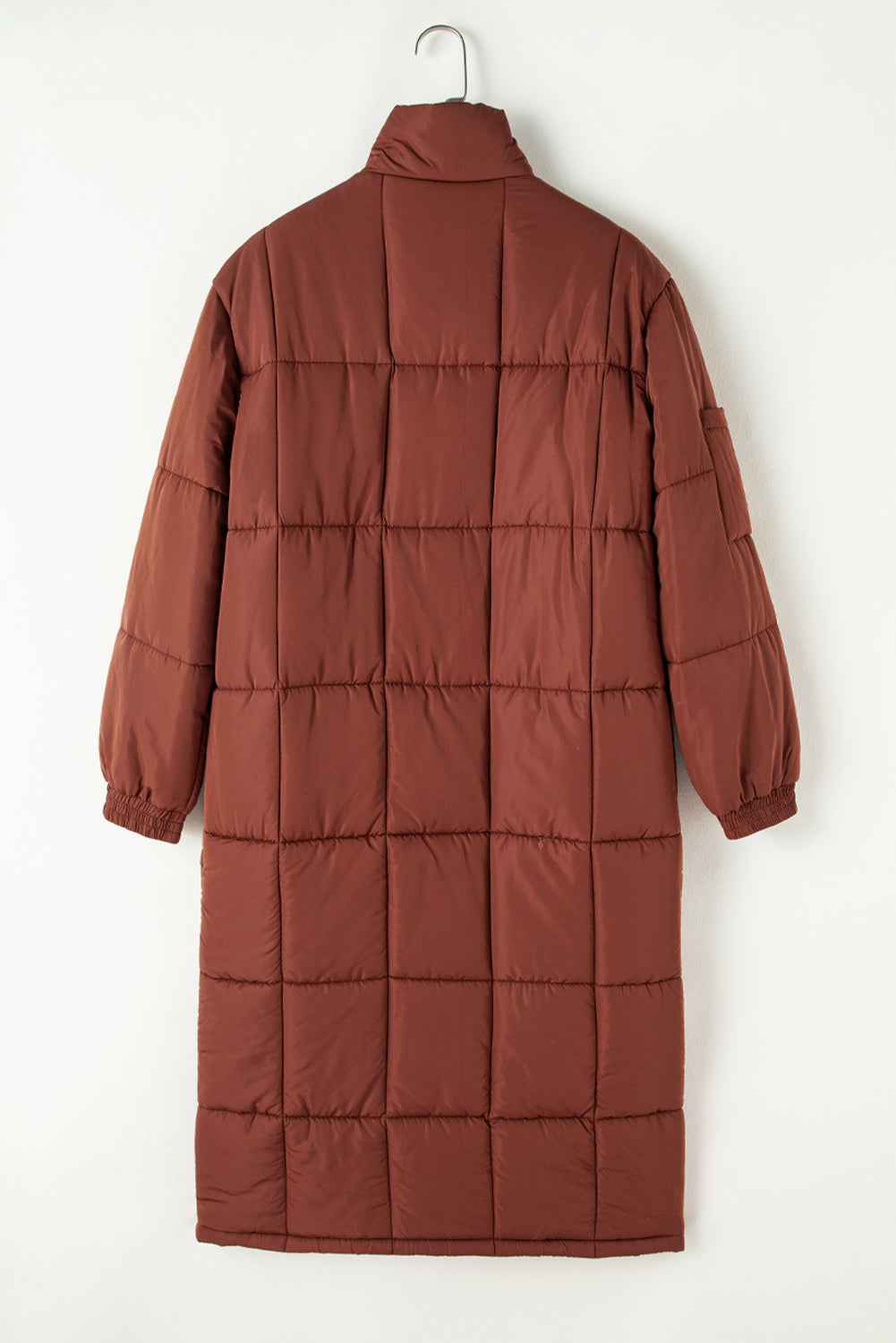 Coffee Quilted Puffer Stand Neck Zipped Mid-length Coat