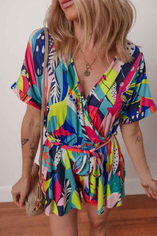 Abstract Tropical Wrap V-Neck Tie-Waist Romper