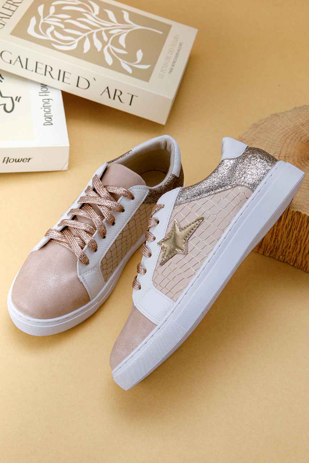 Gold Glitter Star Patchwork PU Leather Lace-up Sneakers