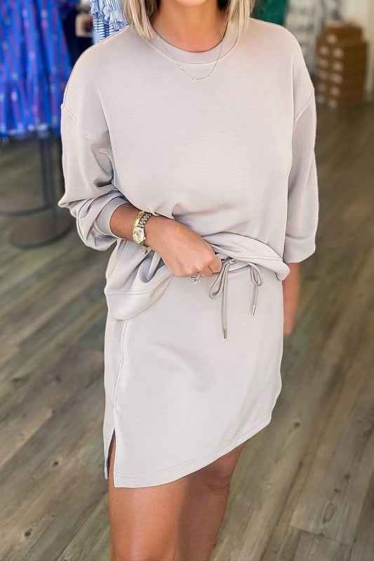 Solid Drop Shoulder Pullover and Mini Skirt Set