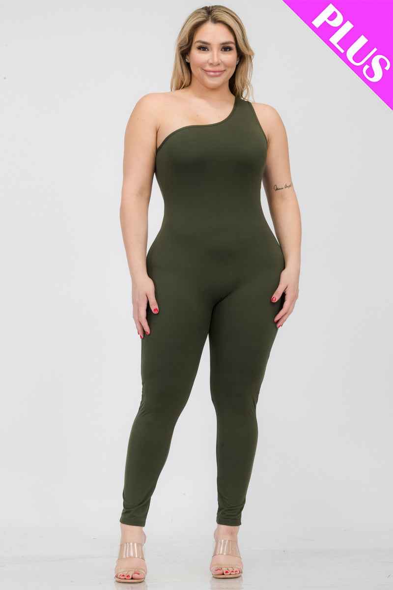 Plus Size Solid Color One Shoulder Jumpsuit (CAPELLA)