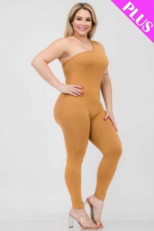 Plus Size Solid Color One Shoulder Jumpsuit (CAPELLA)