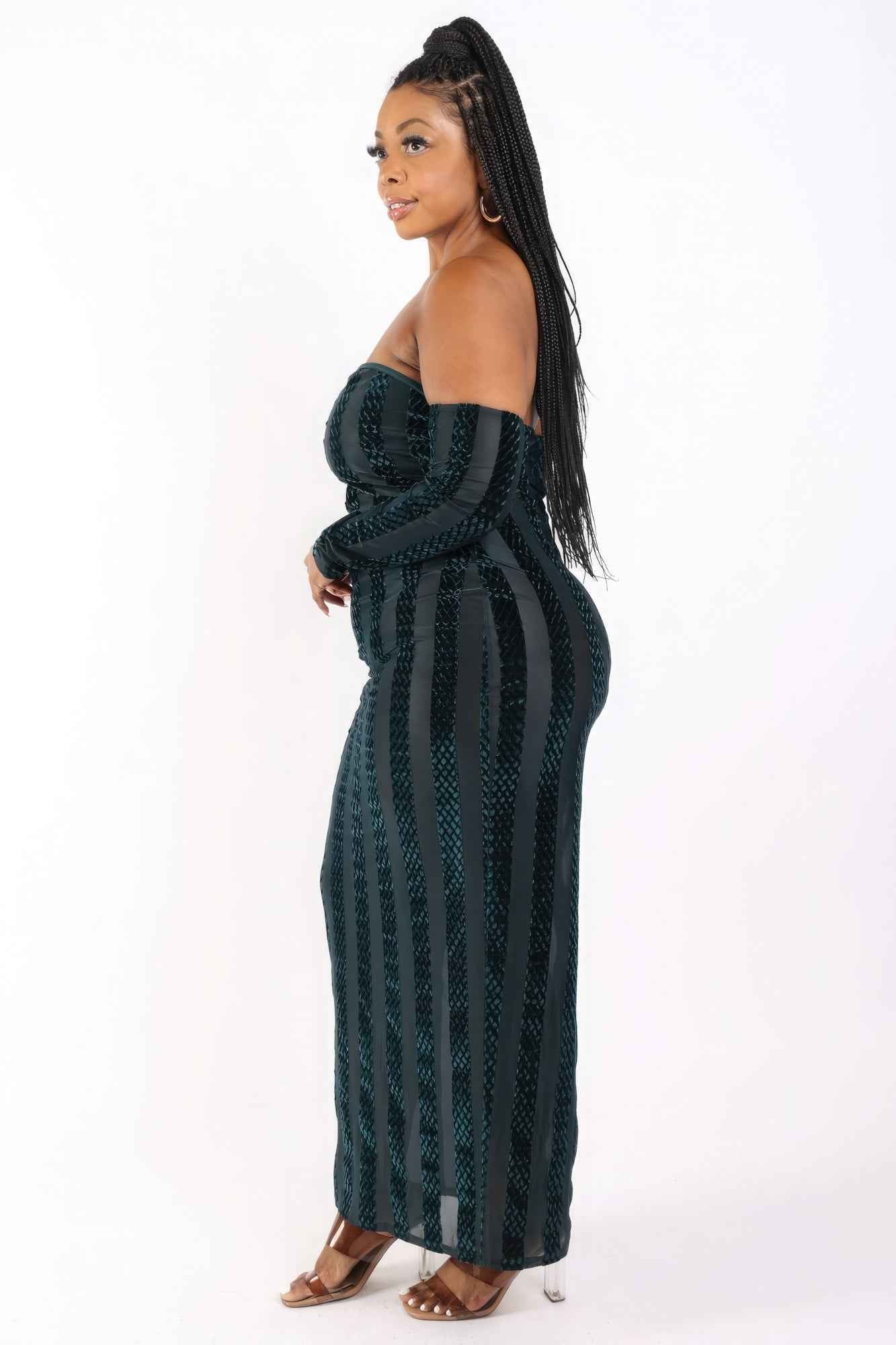 Striped Velvet Off Shoulder Dress