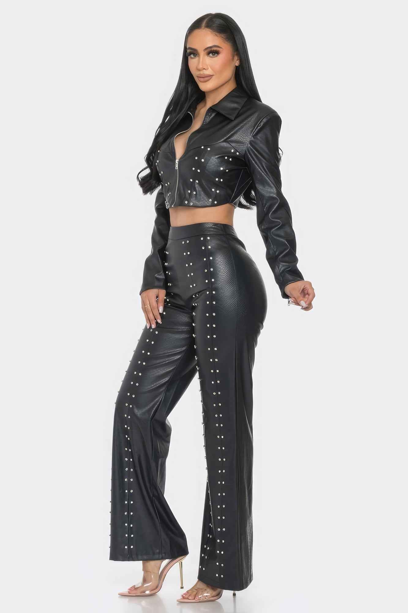 Faux Leather Set With Rhinestone Detail