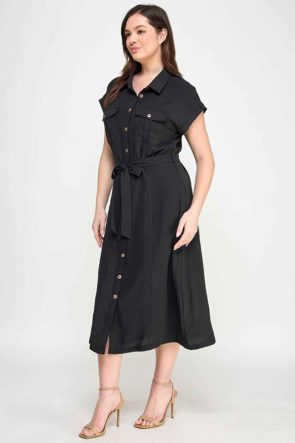 Front Tied Buttoned Short Sleeve Dress