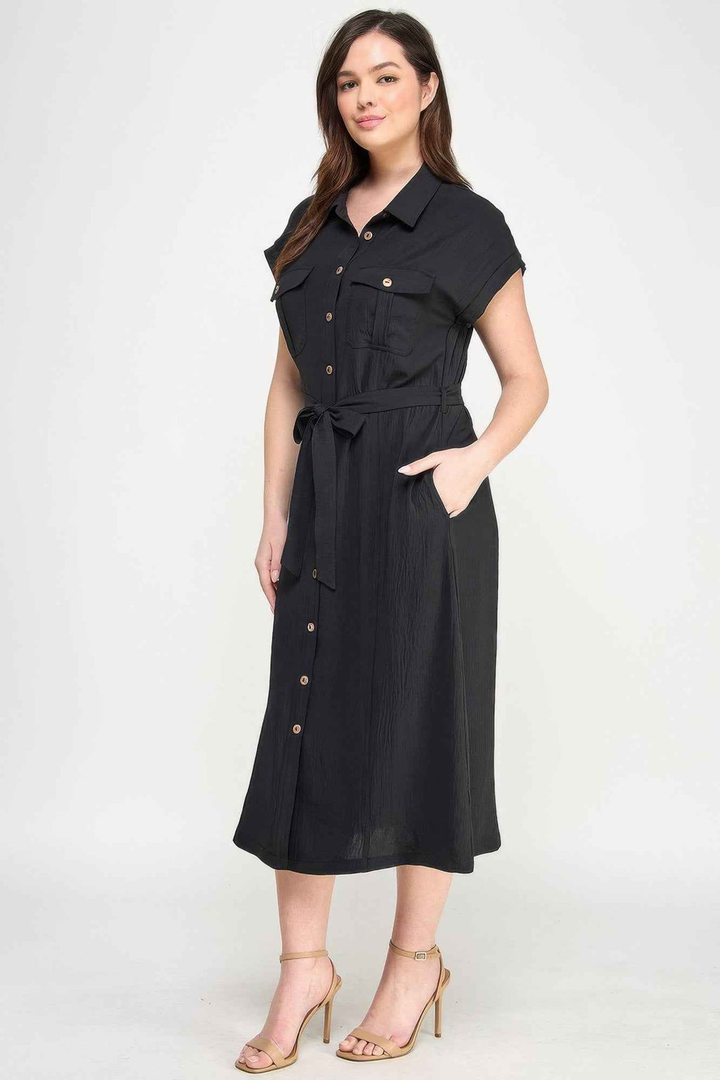 Front Tied Buttoned Short Sleeve Dress