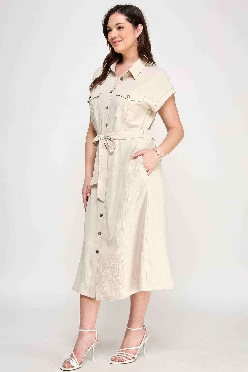 Front Tied Buttoned Short Sleeve Dress