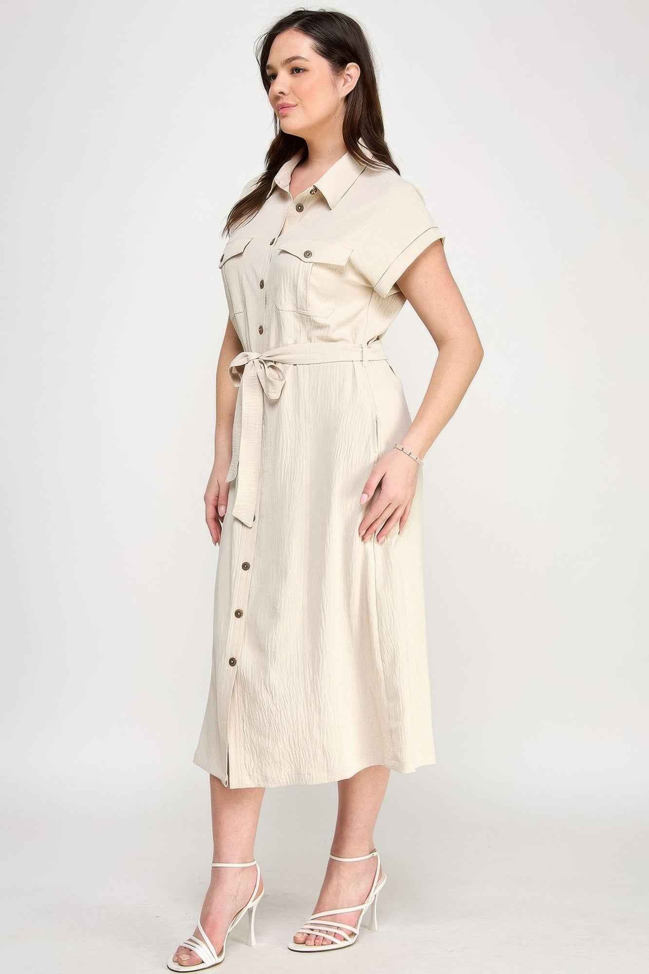 Front Tied Buttoned Short Sleeve Dress