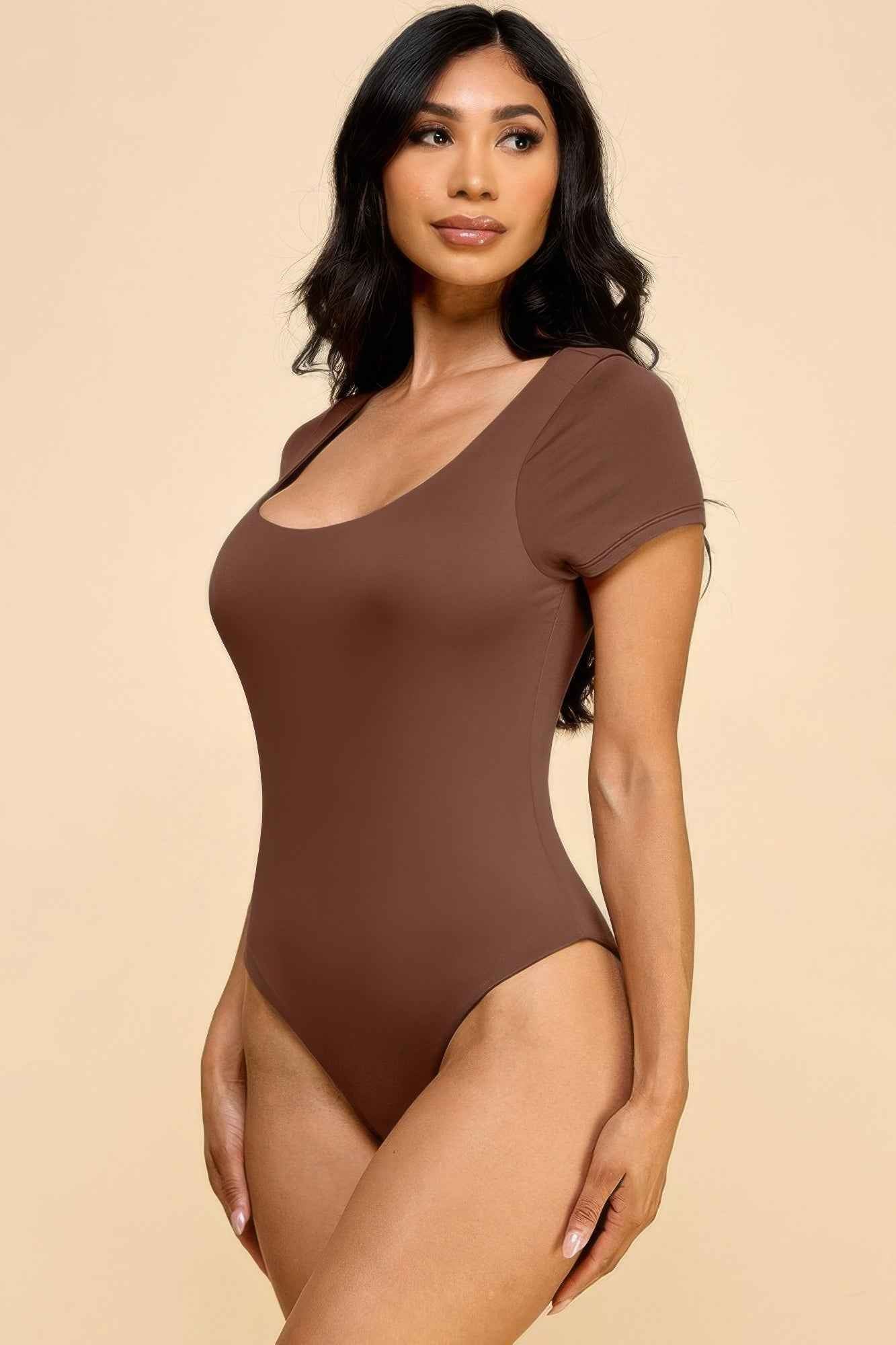Short Sleeve Scoop Neck Double Layered Bodysuit