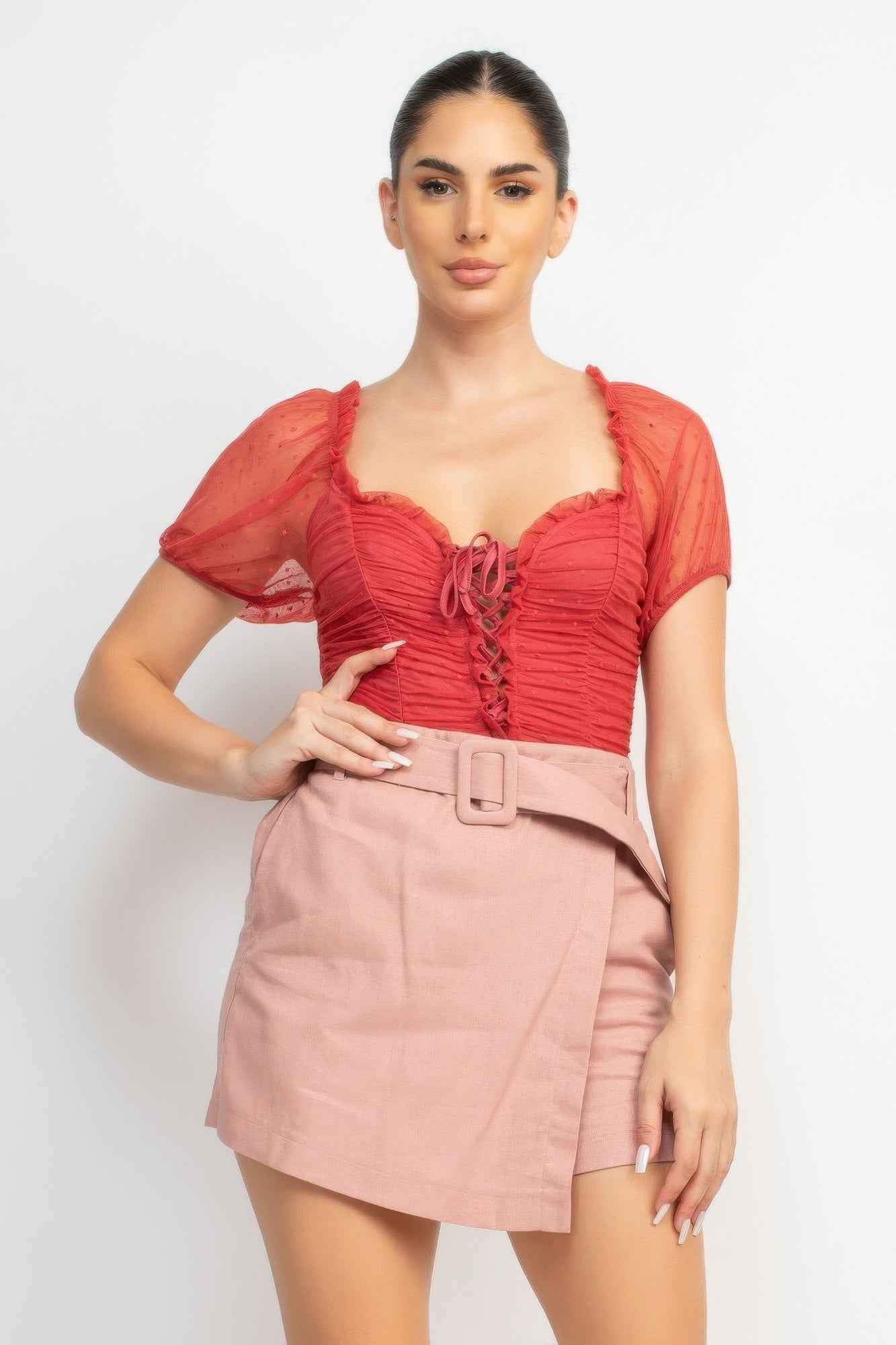 Shirred Mesh Sleeve Bodysuit