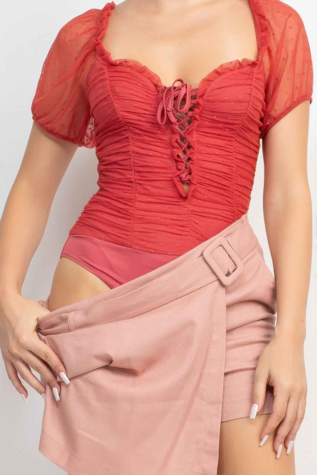 Shirred Mesh Sleeve Bodysuit