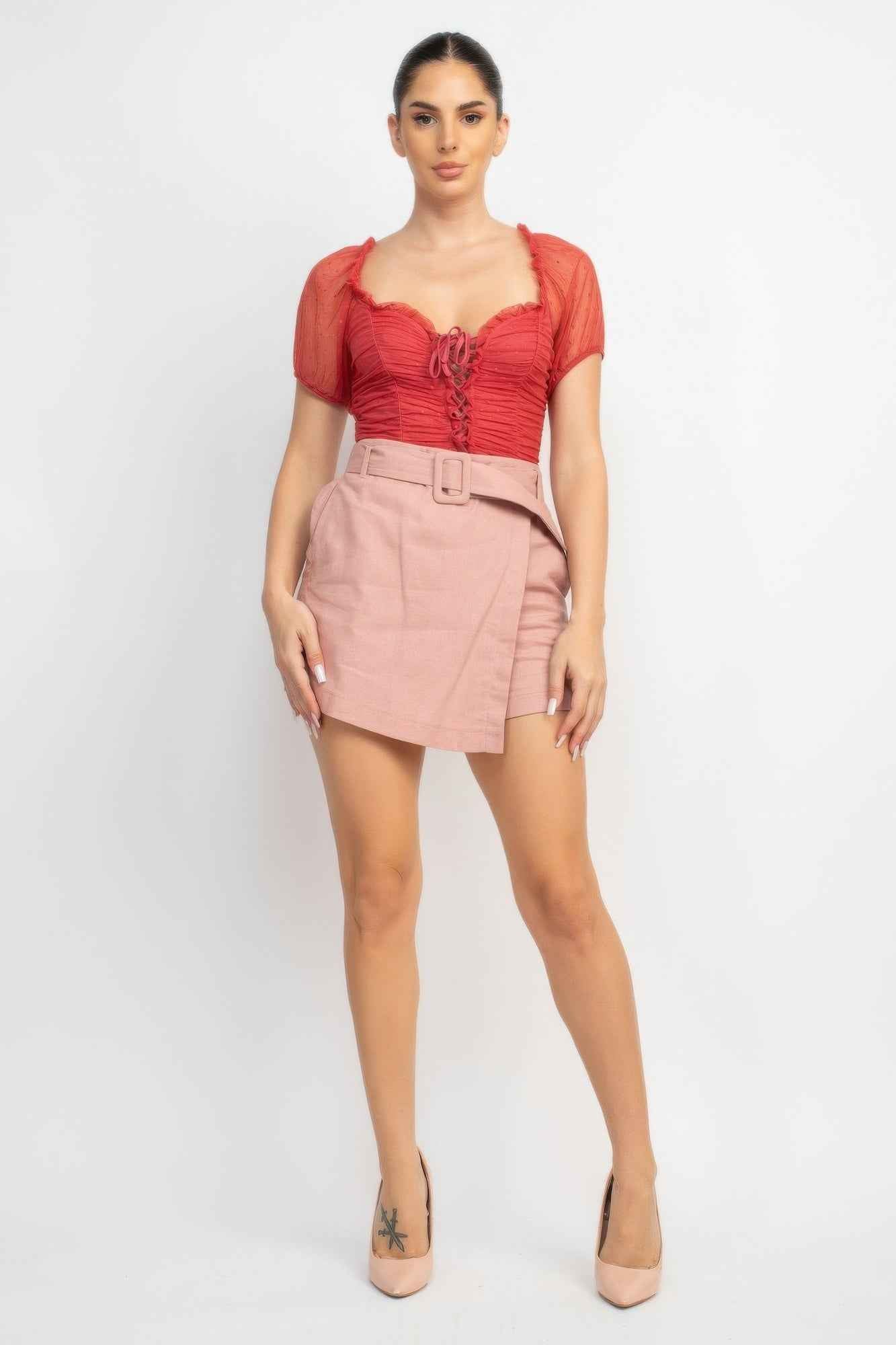 Shirred Mesh Sleeve Bodysuit