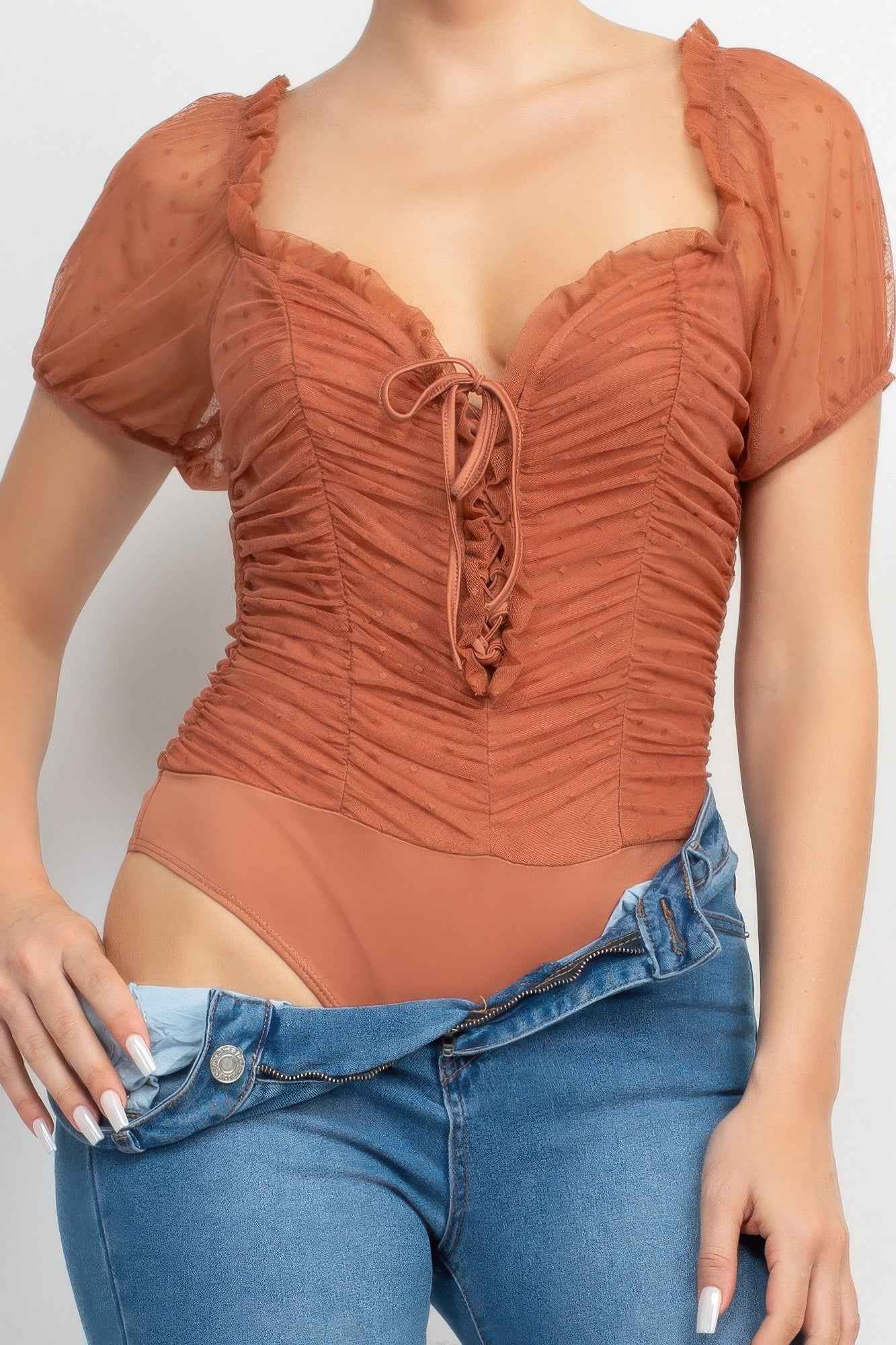 Shirred Mesh Sleeve Bodysuit