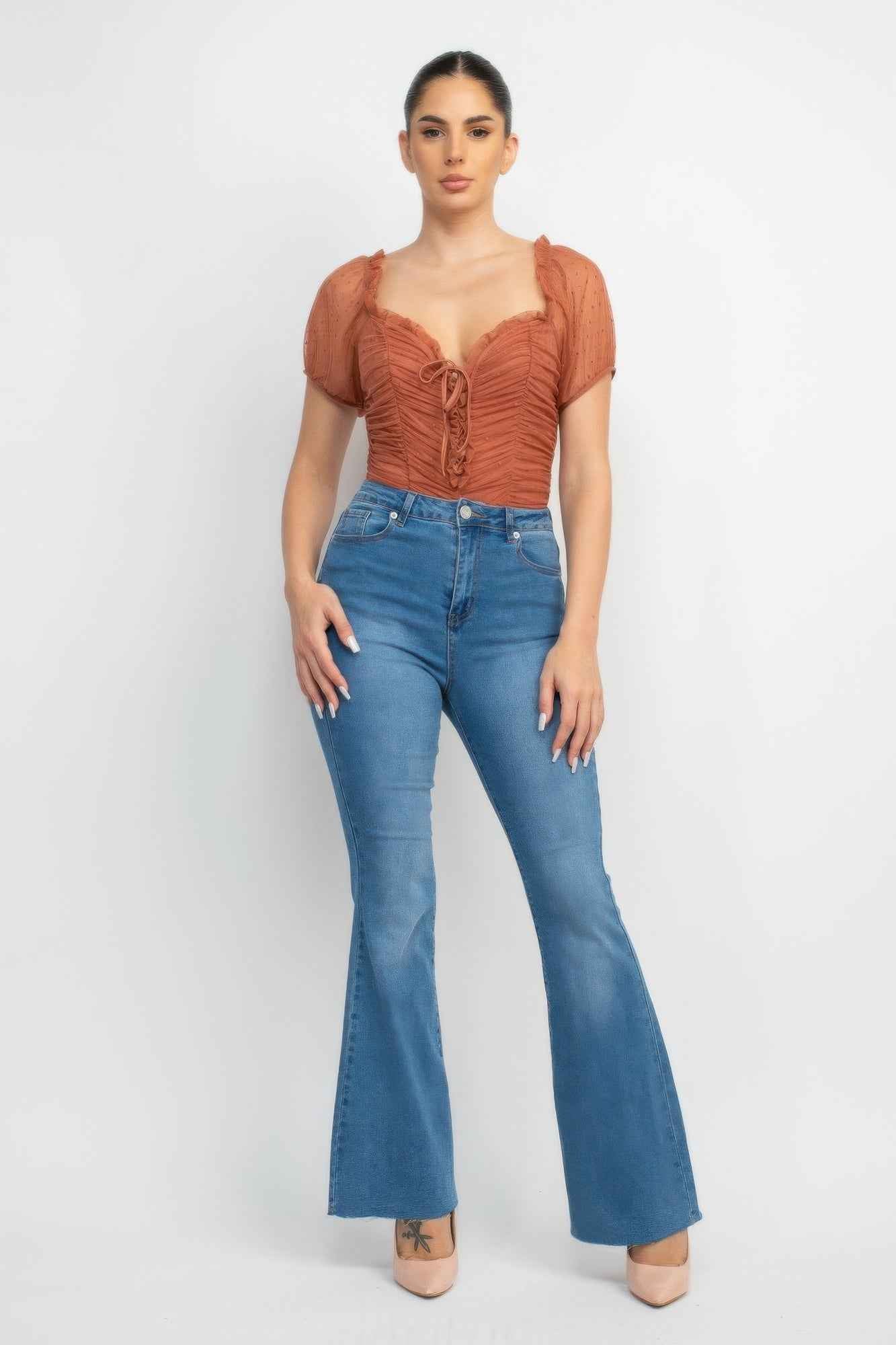 Shirred Mesh Sleeve Bodysuit