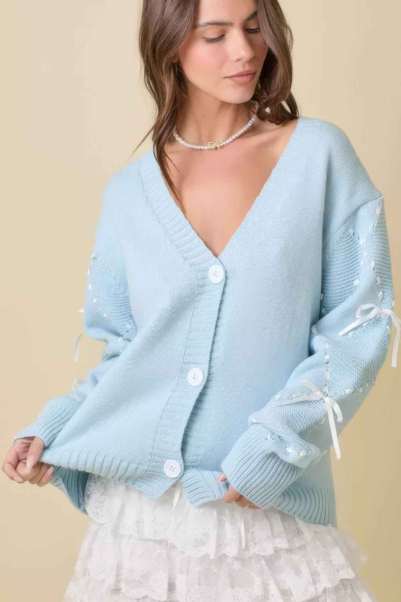 Hand Sewn Satin Ribbon Detail On Sleeve Cardigan