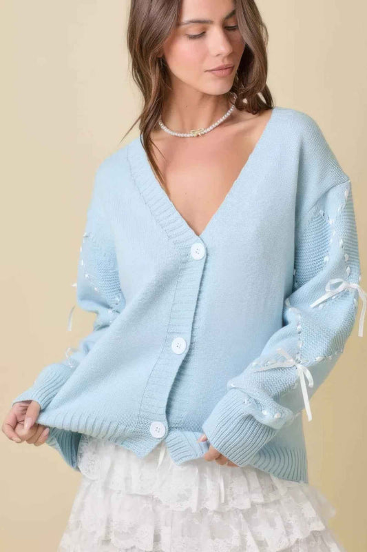 Hand Sewn Satin Ribbon Detail On Sleeve Cardigan