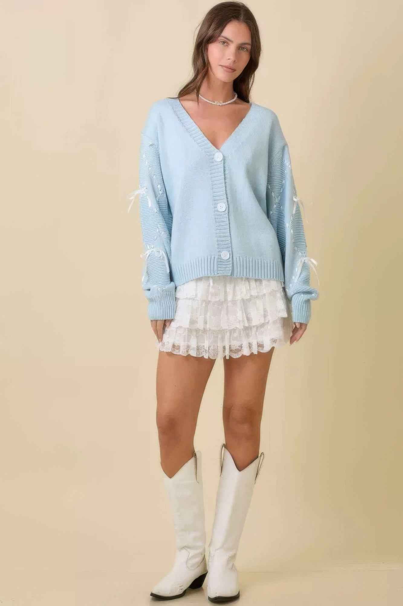 Hand Sewn Satin Ribbon Detail On Sleeve Cardigan