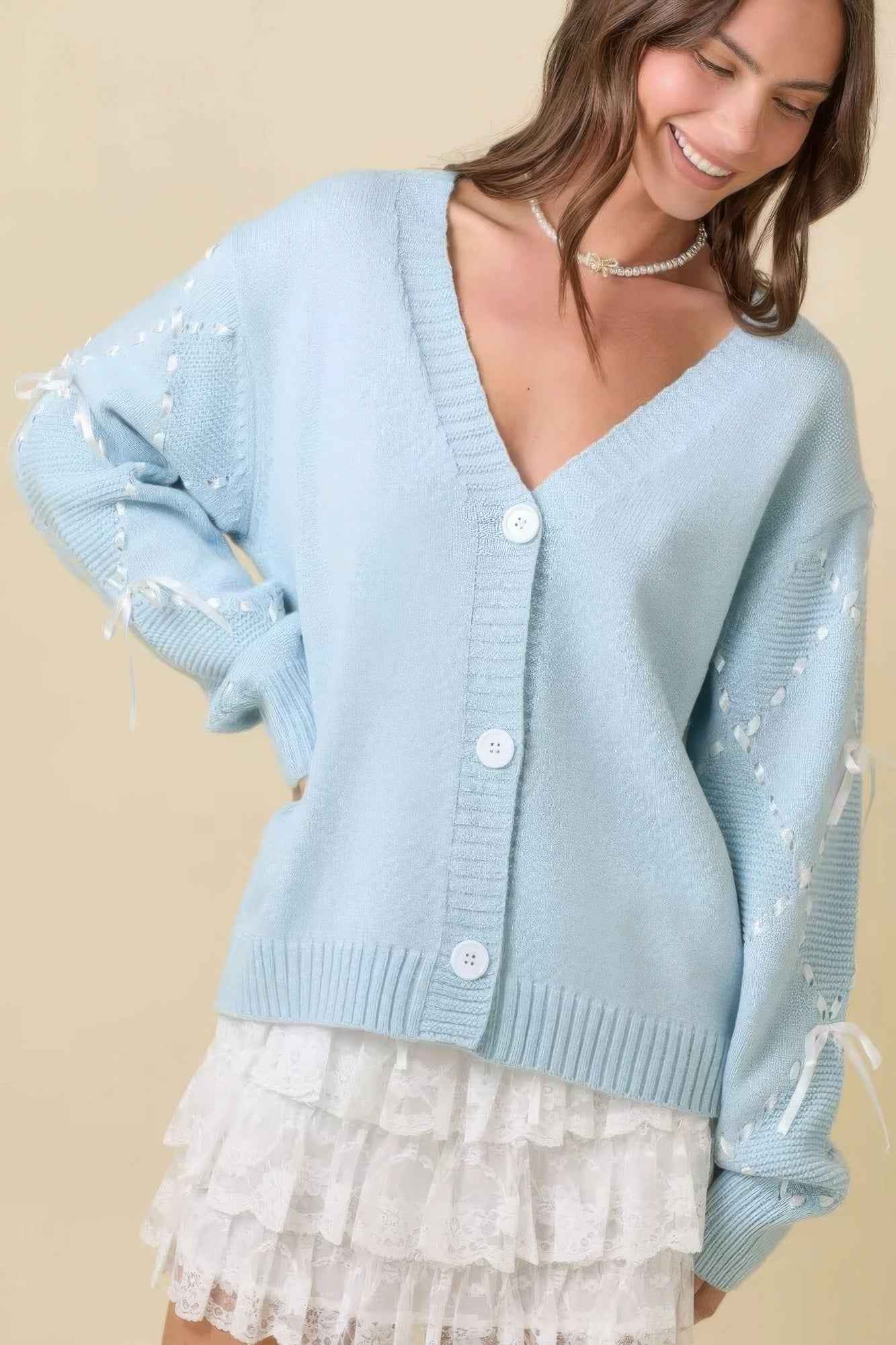 Hand Sewn Satin Ribbon Detail On Sleeve Cardigan