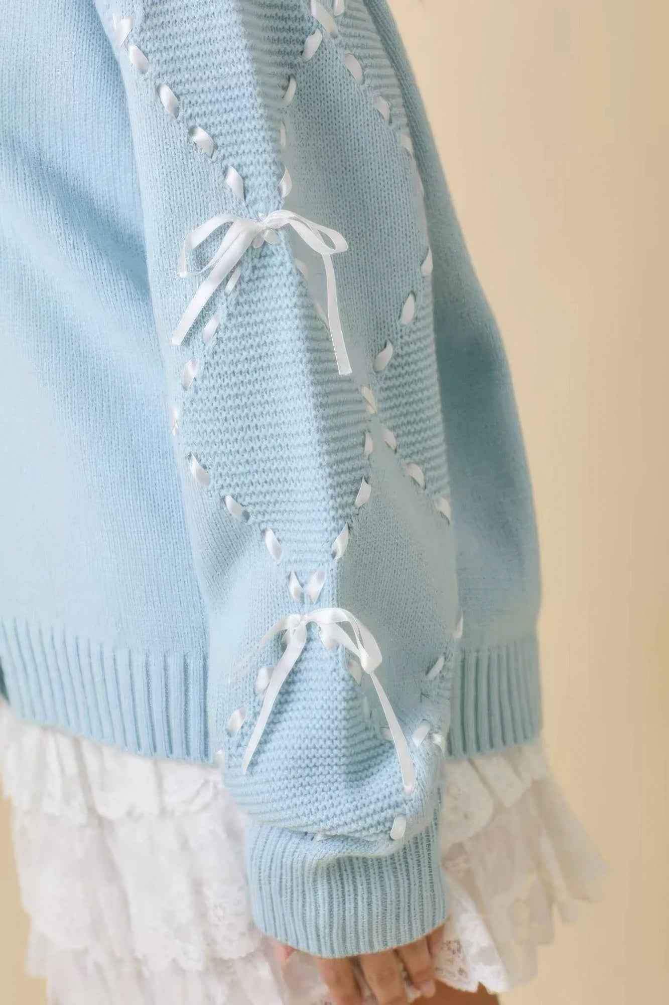 Hand Sewn Satin Ribbon Detail On Sleeve Cardigan