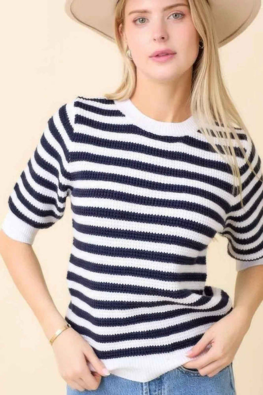 Short Sleeve Sweater Knit Stripe Top