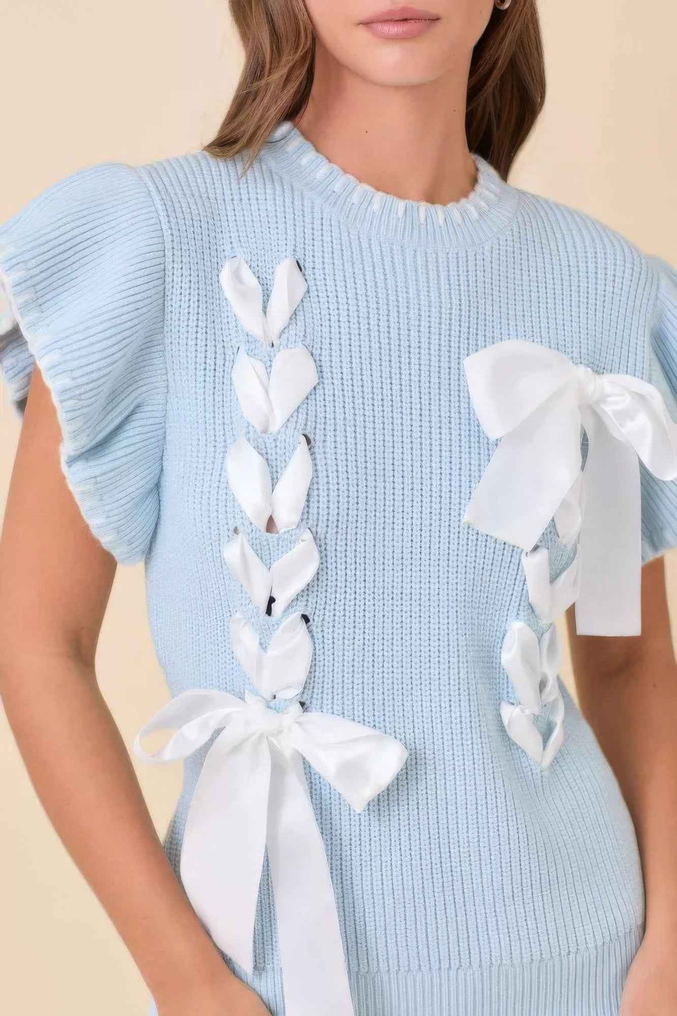 Weaved Ribbon Bow Detail Sweater Knit Top