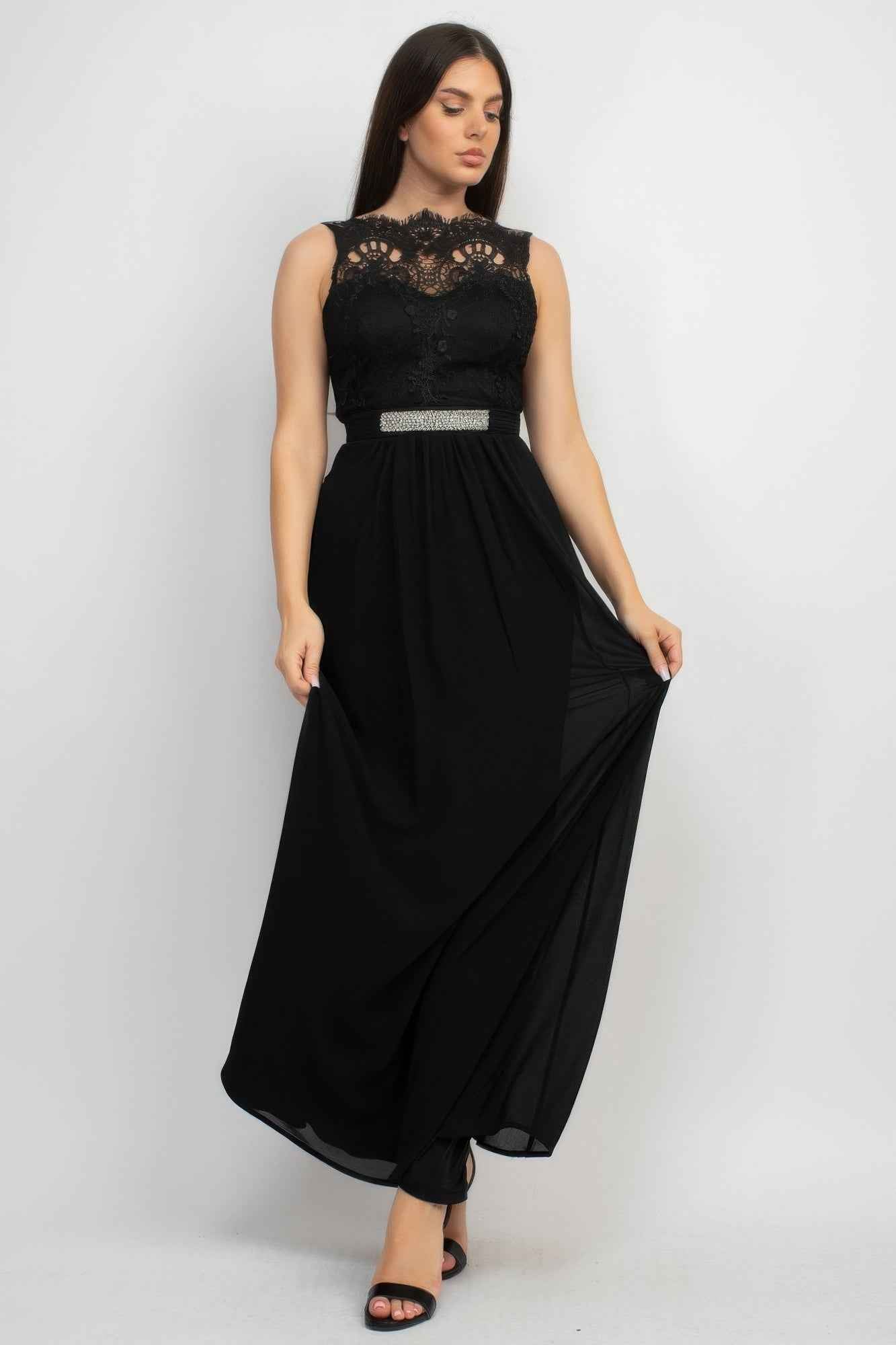 Jewel Waist-tie Lace Maxi Dress