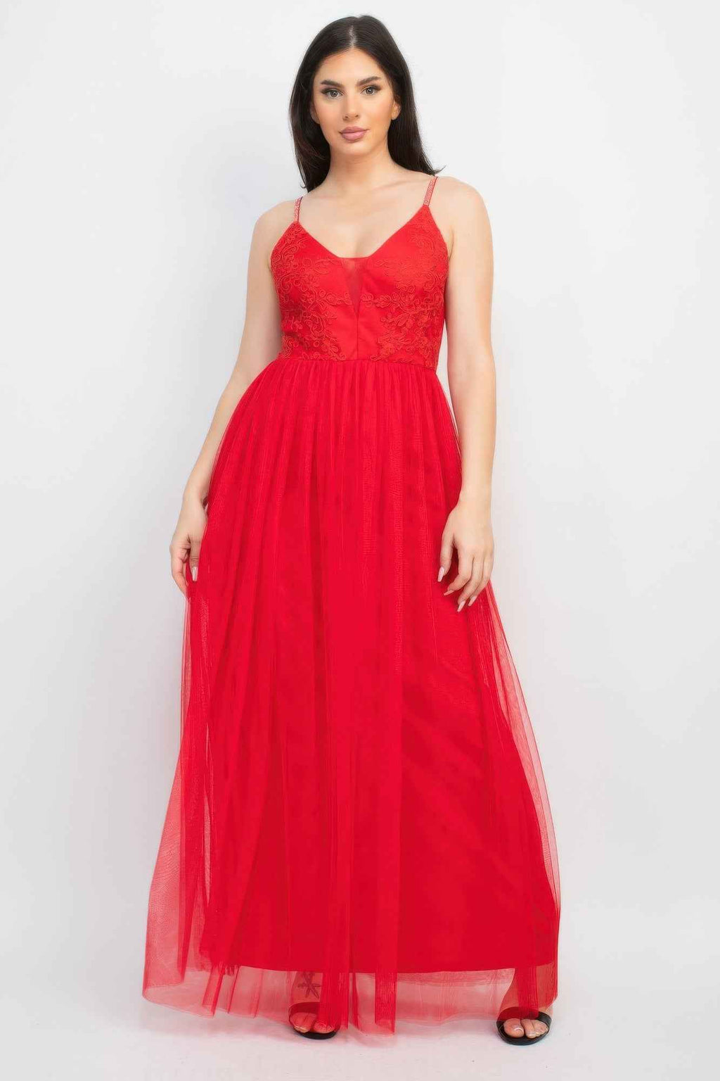 Glittered Straps Mesh Tulle Maxi Dress