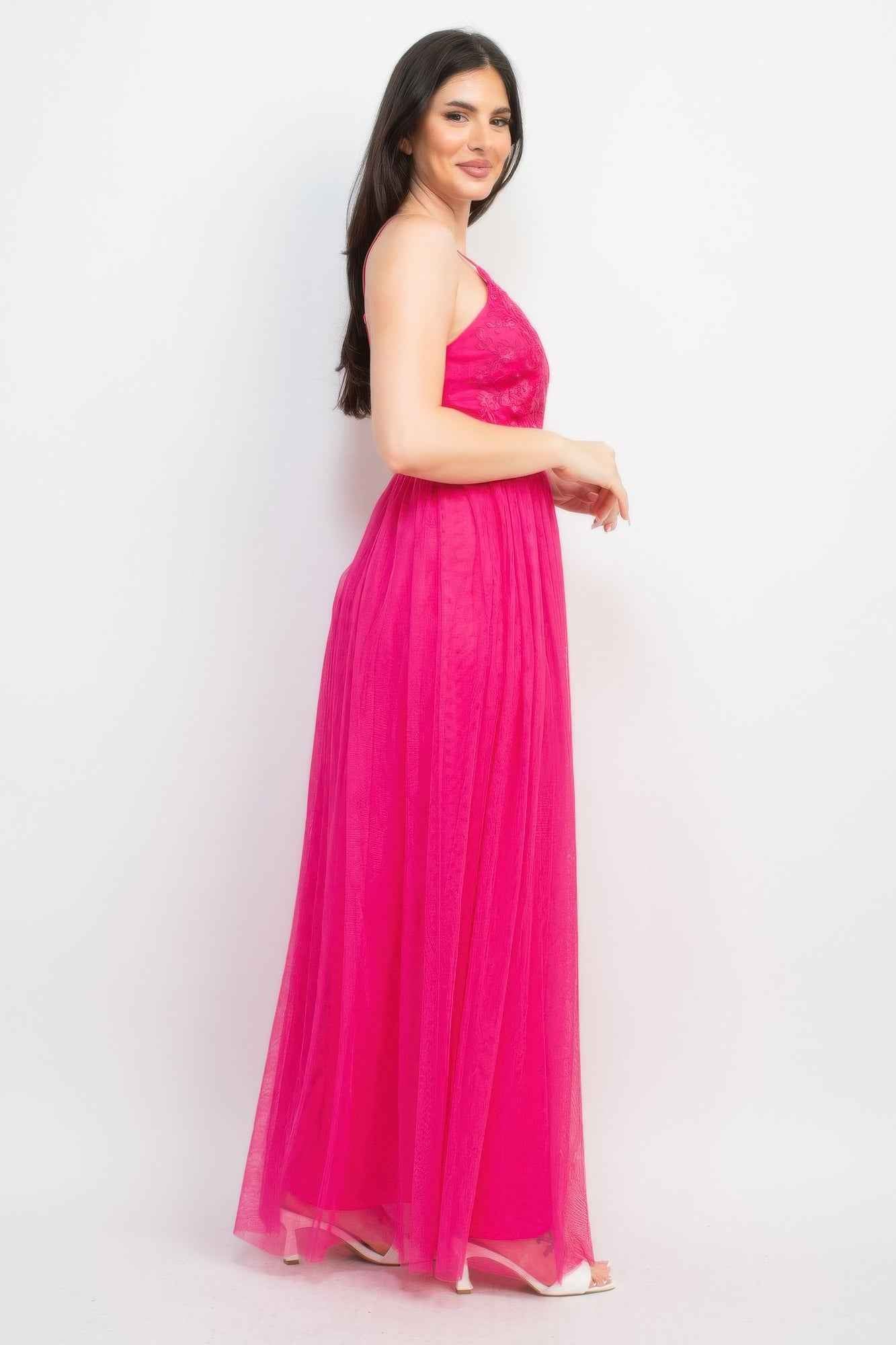 Glittered Straps Mesh Tulle Maxi Dress