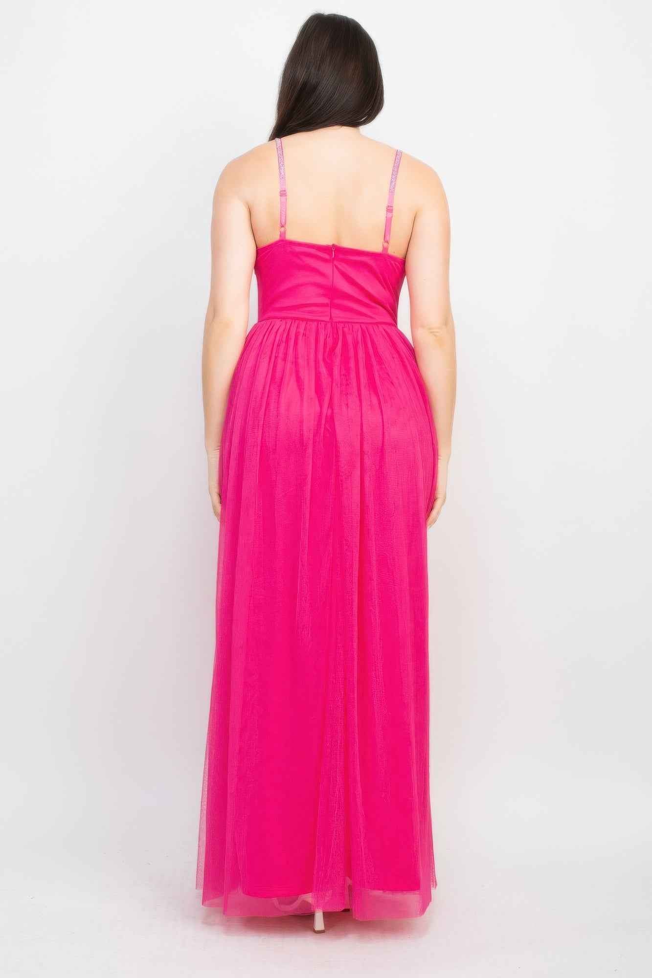 Glittered Straps Mesh Tulle Maxi Dress