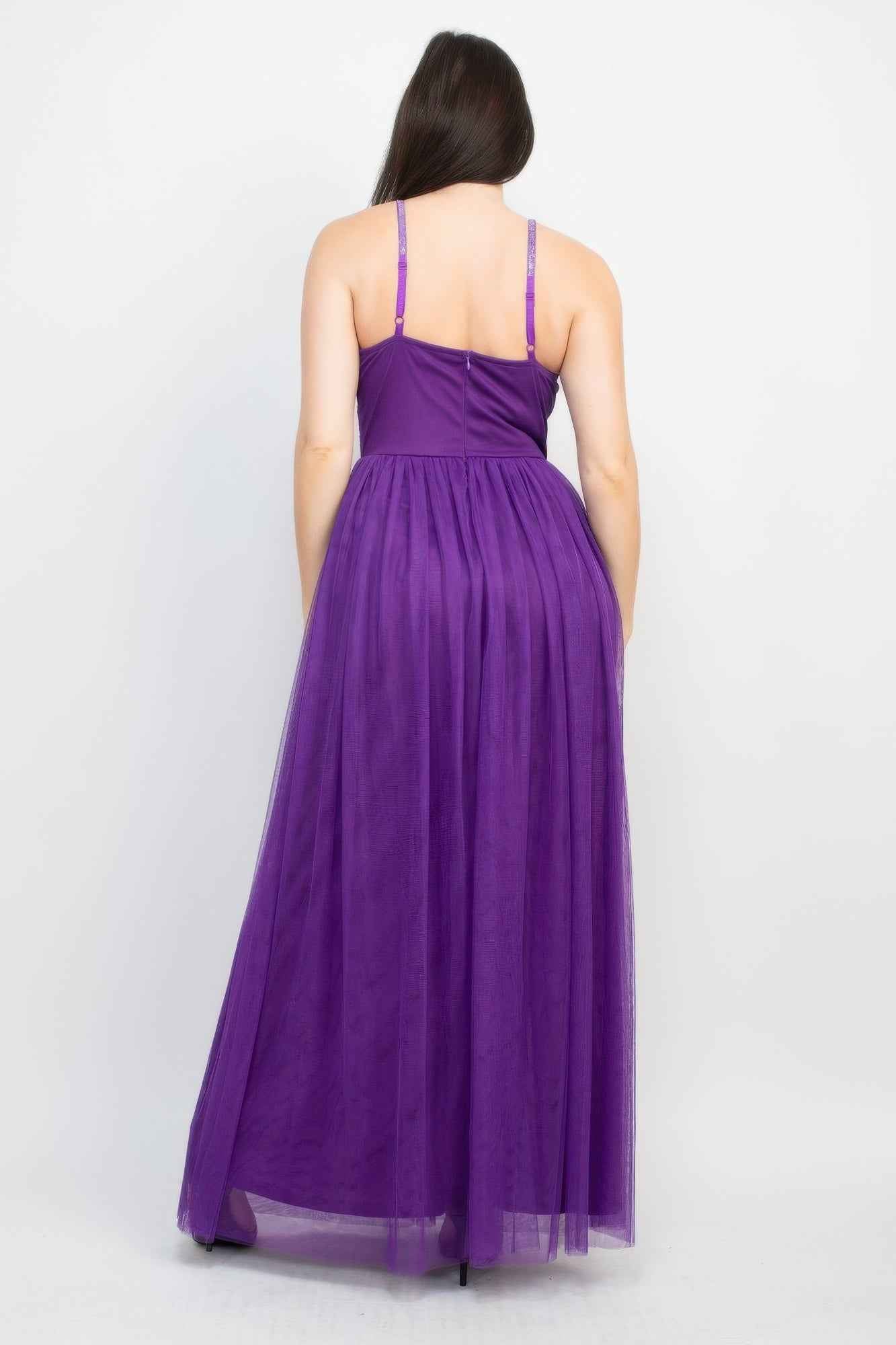 Glittered Straps Mesh Tulle Maxi Dress