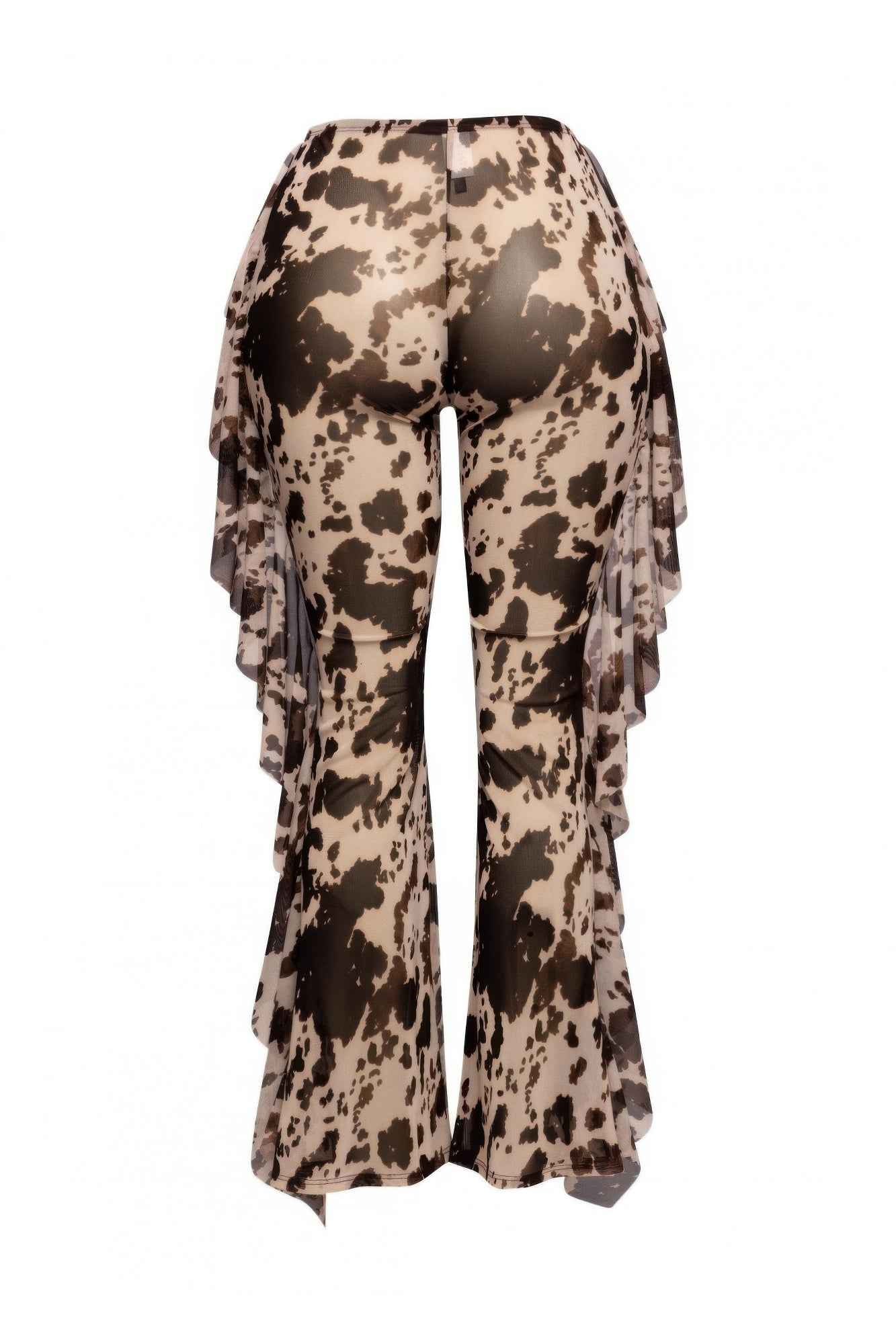 Side Ruffle Detailed Printed Mesh Pants