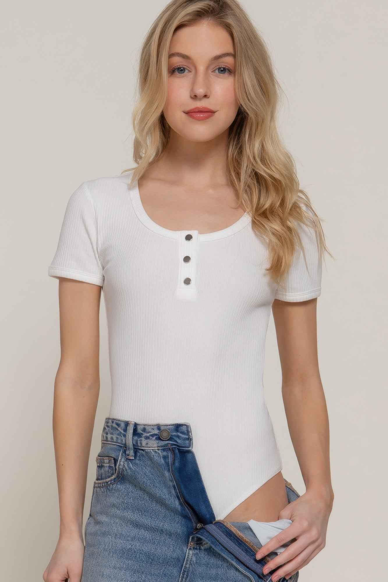 Short Slv Snap Button Rib Bodysuit