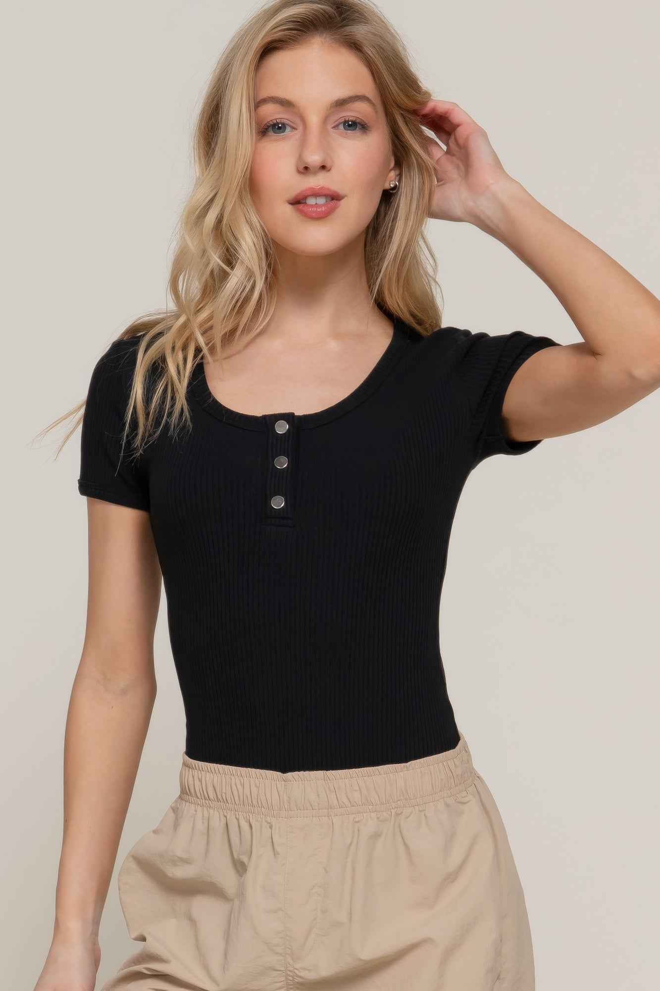 Short Slv Snap Button Rib Bodysuit