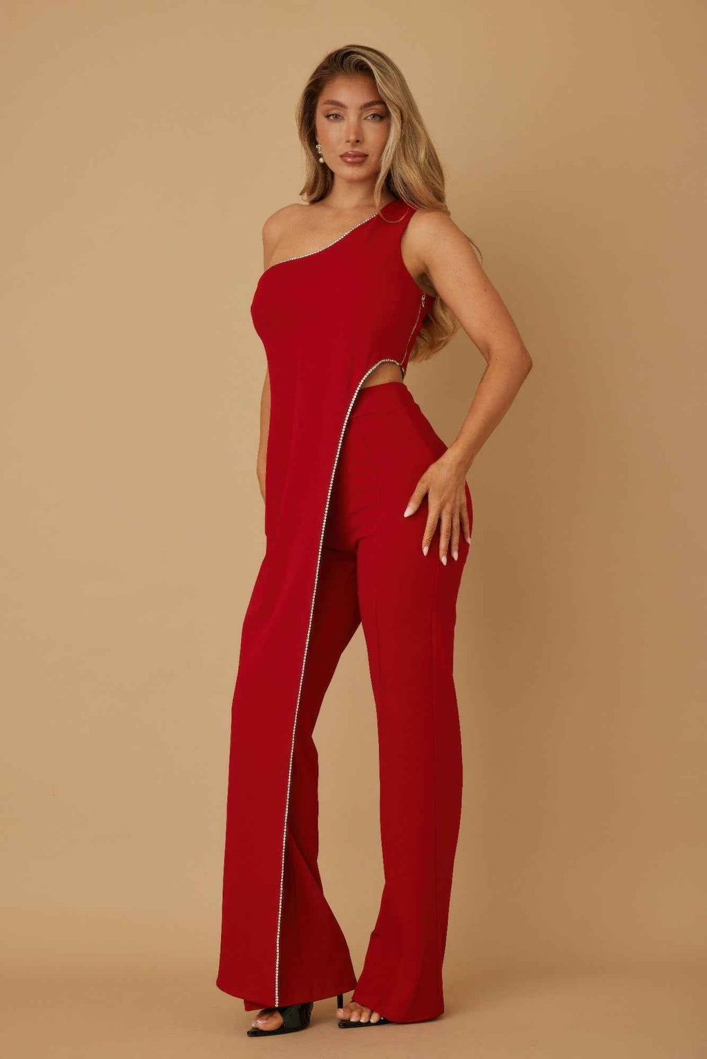 One Shoulder Strap Draped Layer W Rhinestone Sets