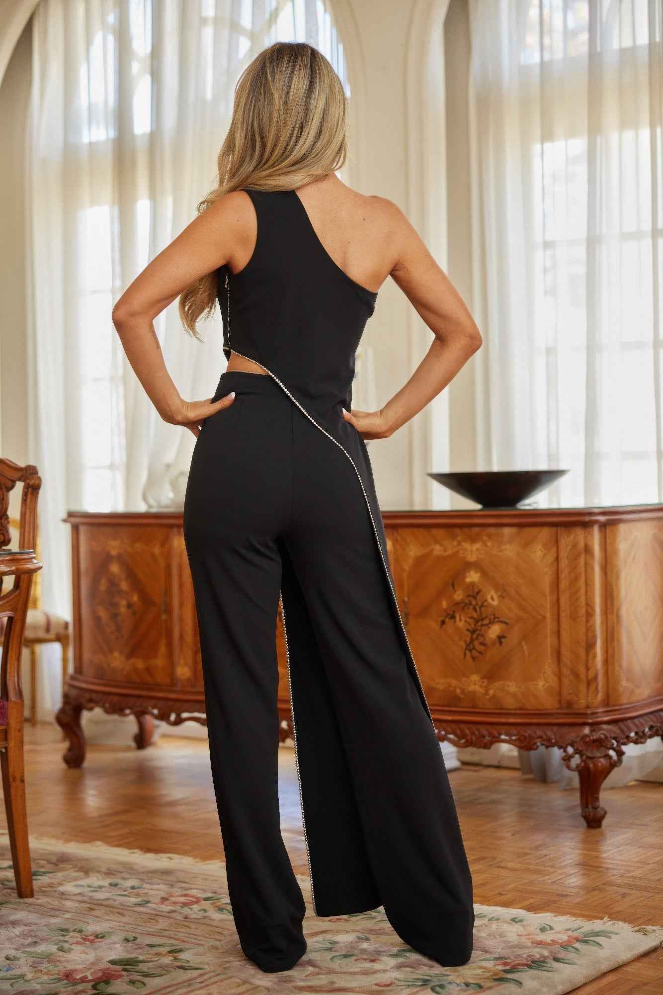 One Shoulder Strap Draped Layer W Rhinestone Sets