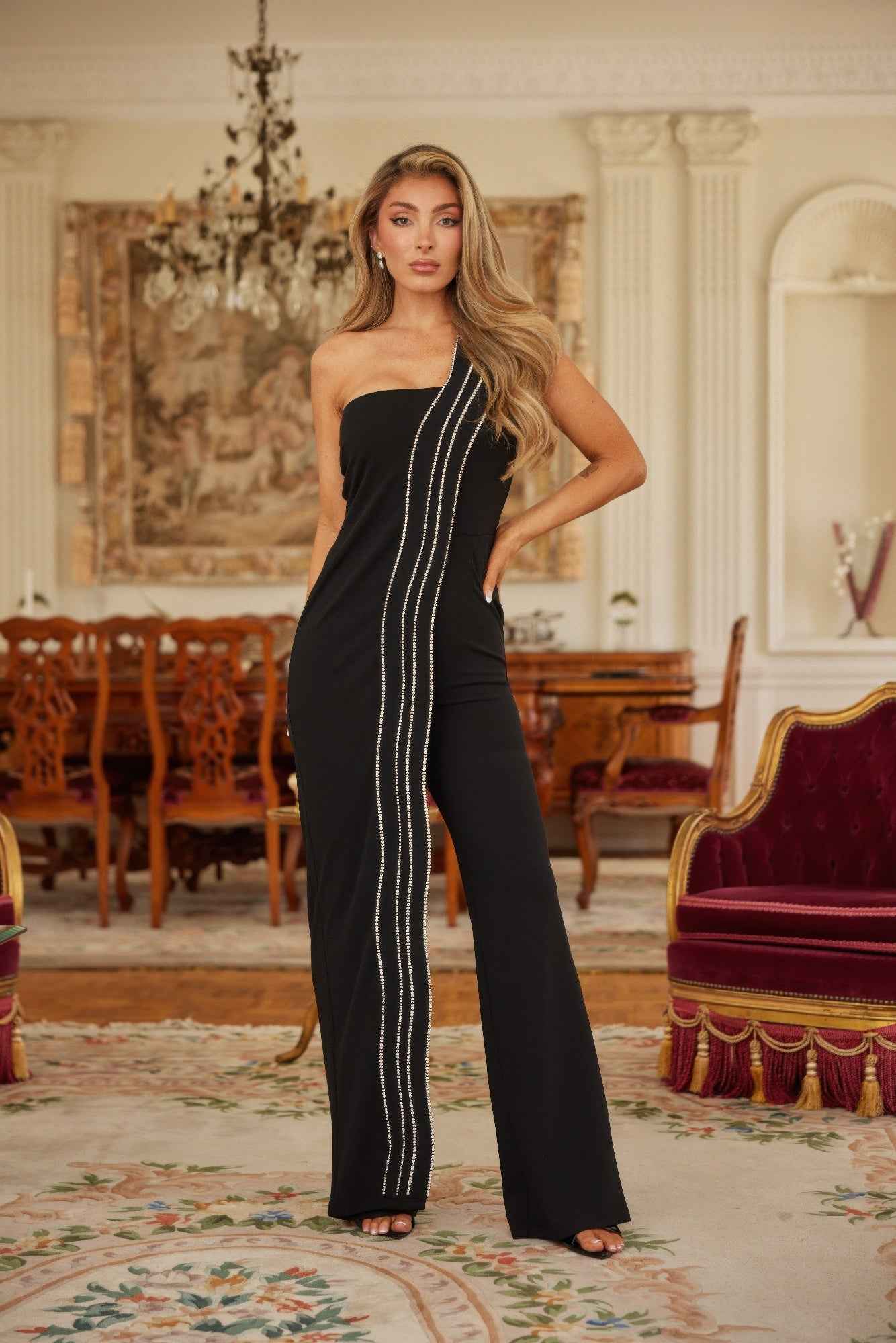 Flap Rhinestone Edge Jumpsuit