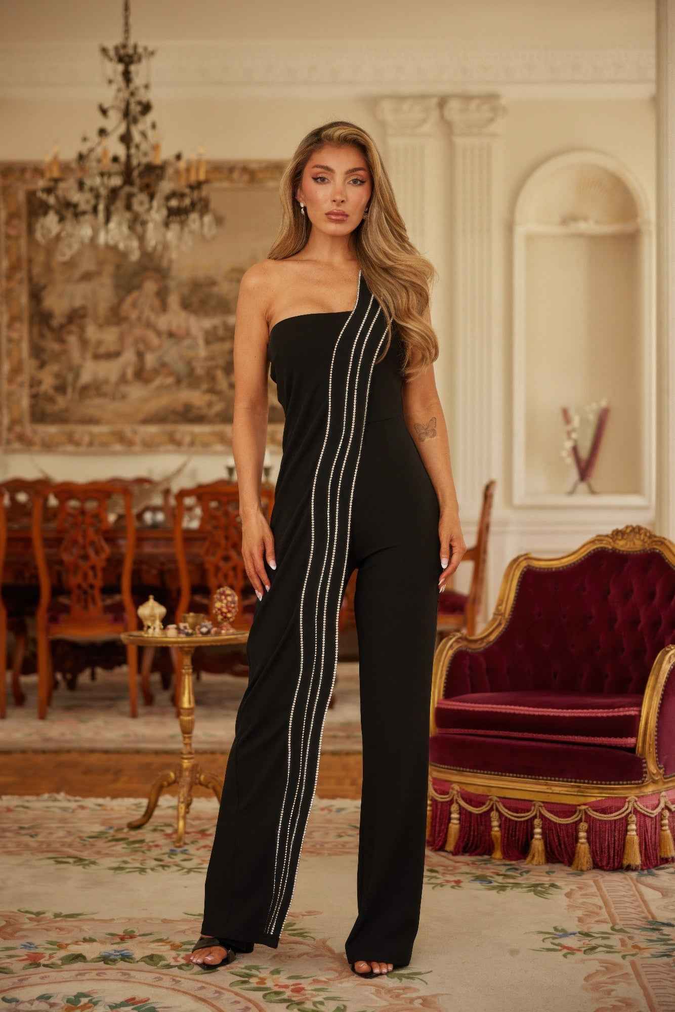 Flap Rhinestone Edge Jumpsuit