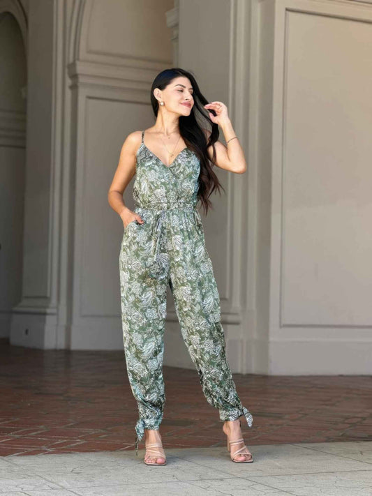 V Neck Sleeveless Paisley Jumpsuit With Tie Waist