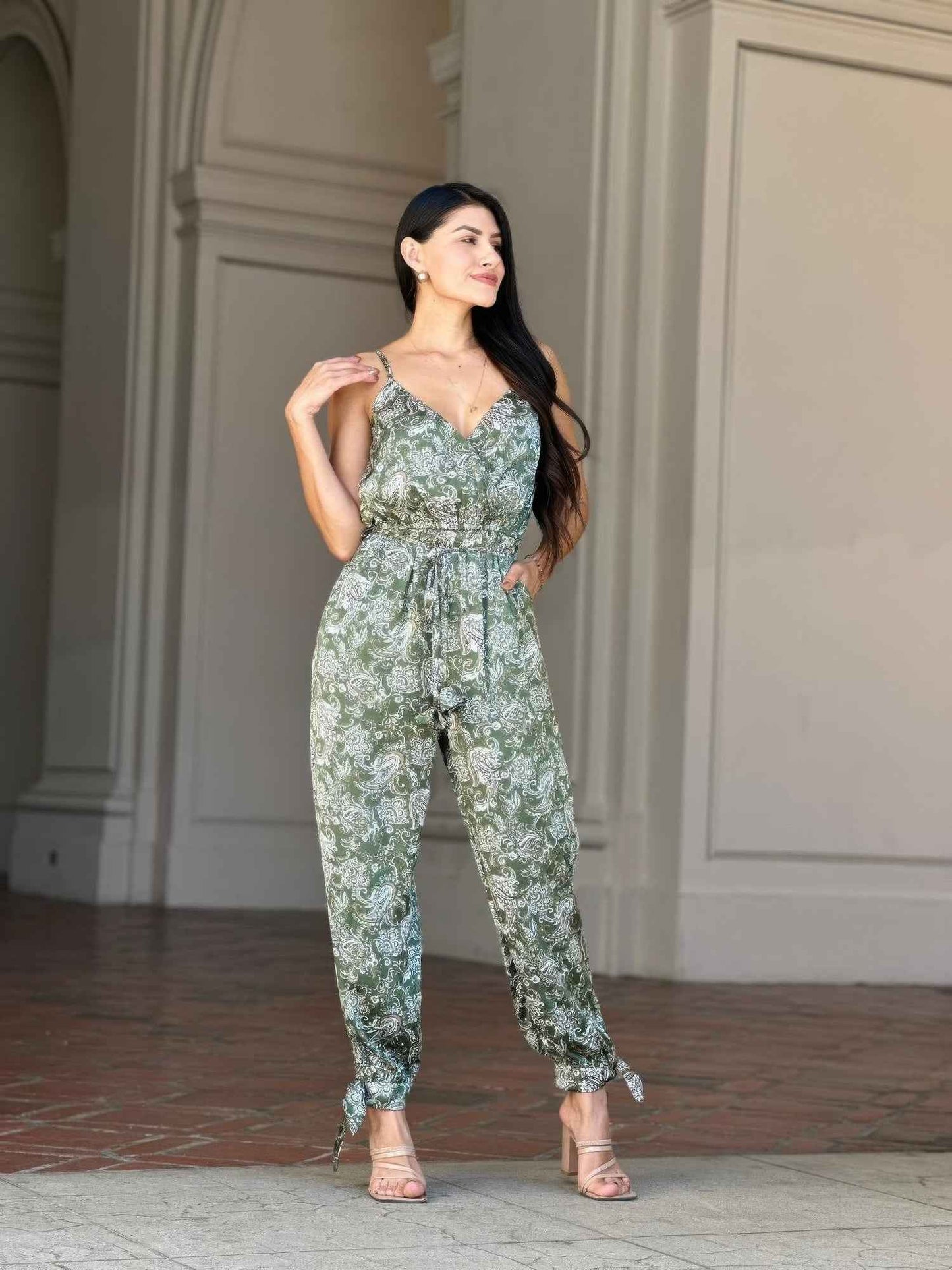 V Neck Sleeveless Paisley Jumpsuit With Tie Waist