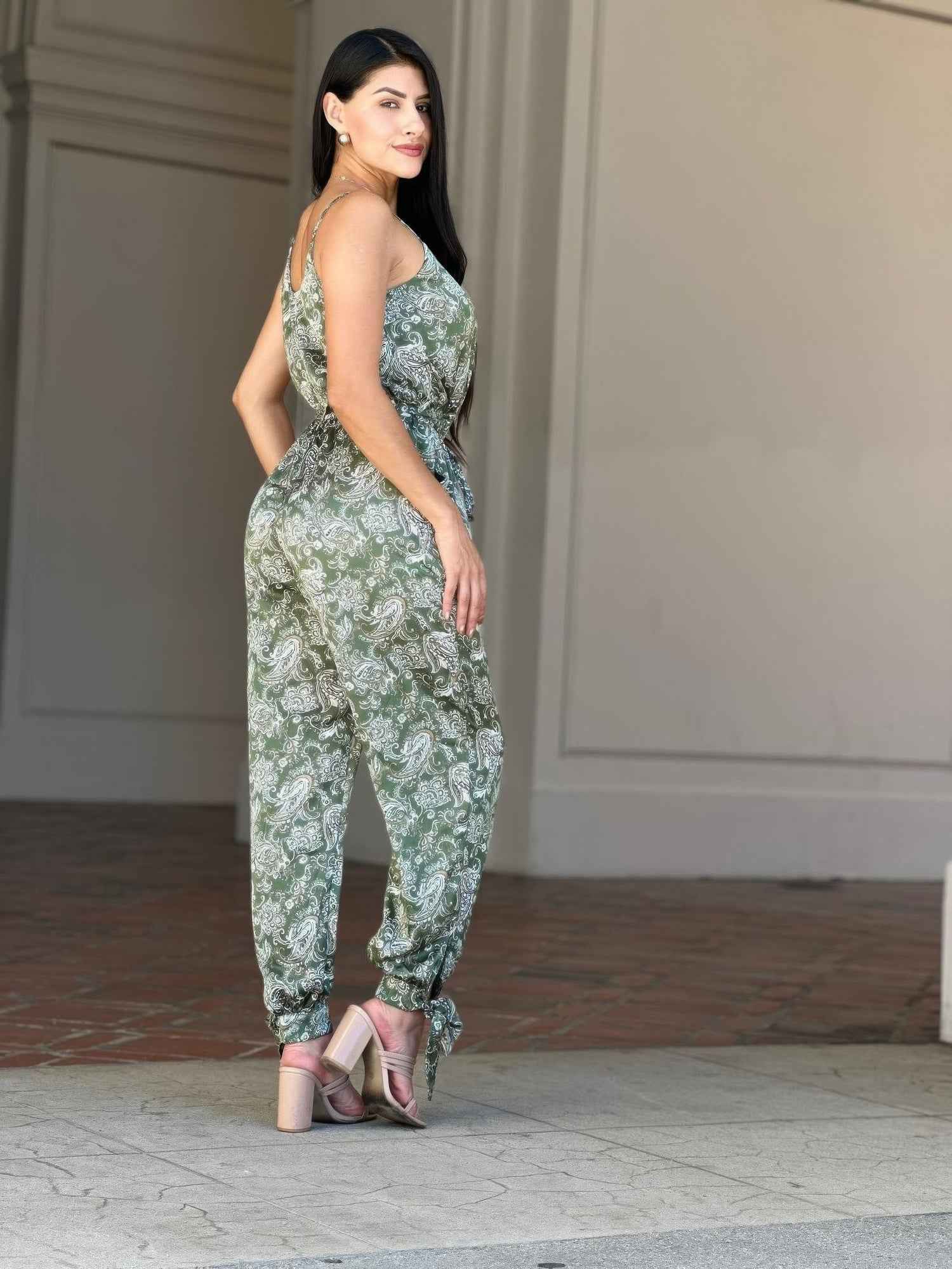 V Neck Sleeveless Paisley Jumpsuit With Tie Waist