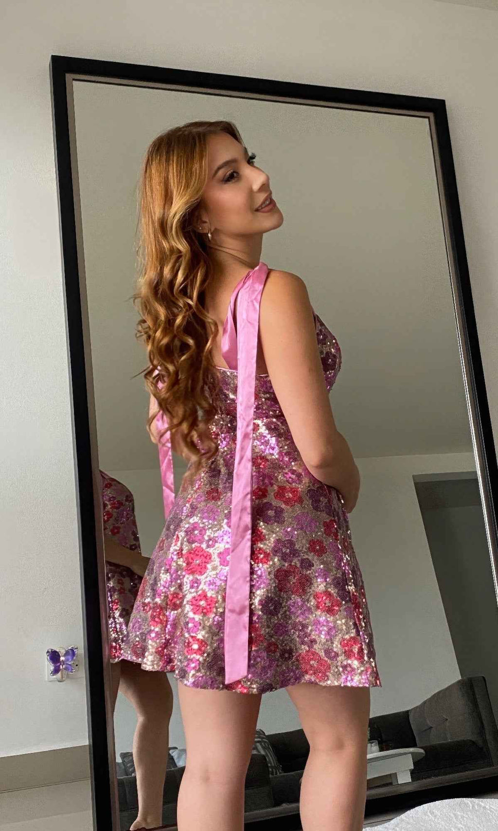 Women's Sequin Floral Mini Dress    Ties On Shoulders