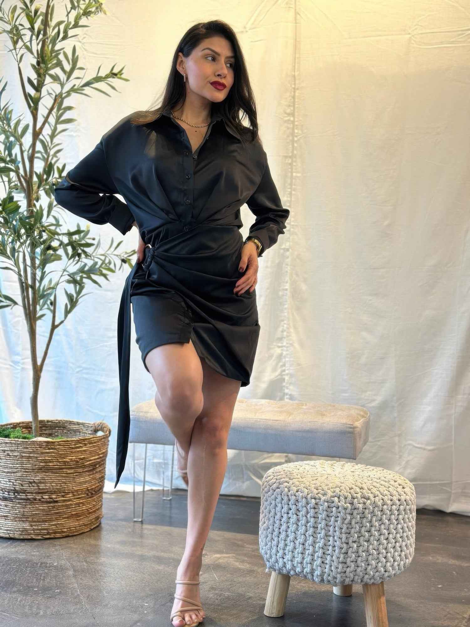 Wrap Satin Long Sleeve Button Down Mini Dress